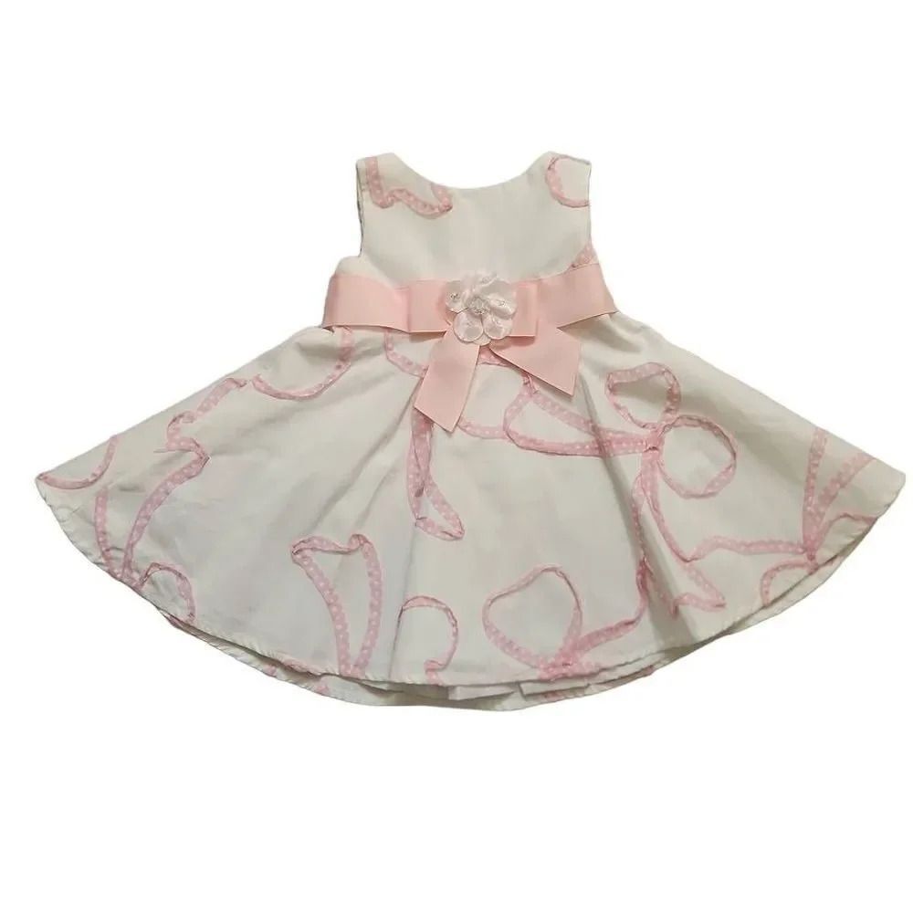 Youngland Baby Girls Size 12M White Pink Ribbon Sleeveless Dress